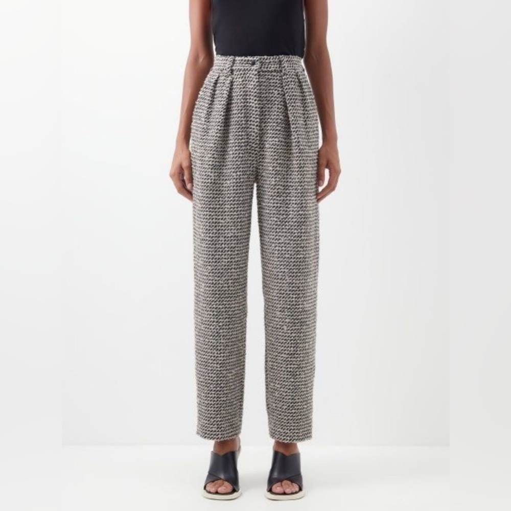 RAEY Wool-Blend Tweed Neutral Pleated Tapered Trousers Size 12